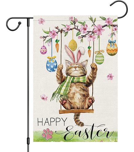 Lorugekyu Gartenflagge „Happy New Year“ – Mit Niedlicher Katze, Doppelseitig, Jute, 31,8x45,7 Cm Für Winterdeko