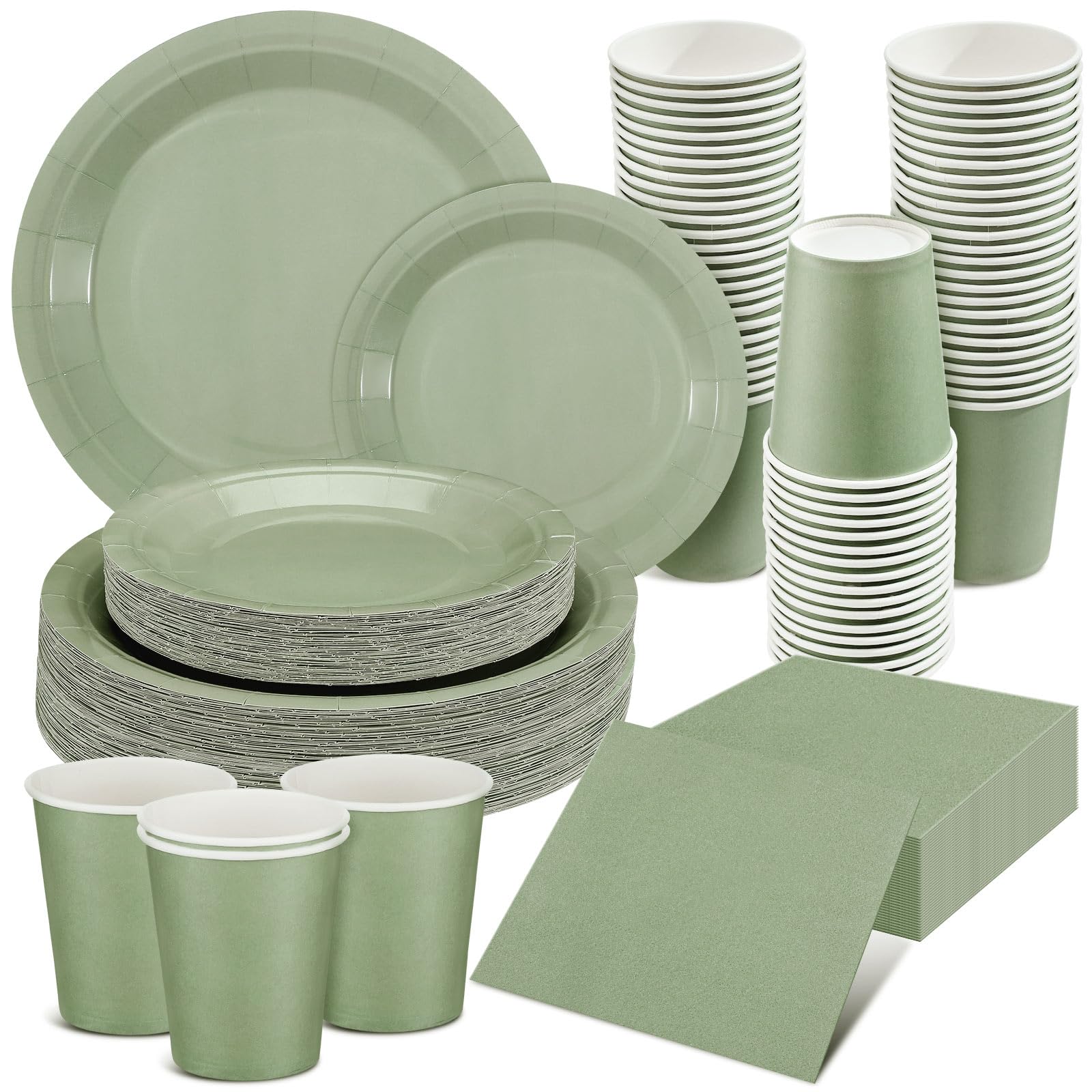Photo 1 of Dandat Sage Green Dinnerware Set - 200 Pcs, Includes 7'' & 9'' Paper Plates, Paper Cups, Napkins for Birthday, Baby Shower, Wedding Party