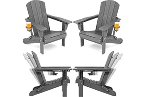 SERWALL Folding Adirondack Chair Set of 4, Adjustable Adirondack Chair with 3 Recline Positions, All Weather HDPE Outdoor Adirondack with Cup Holders, Gray