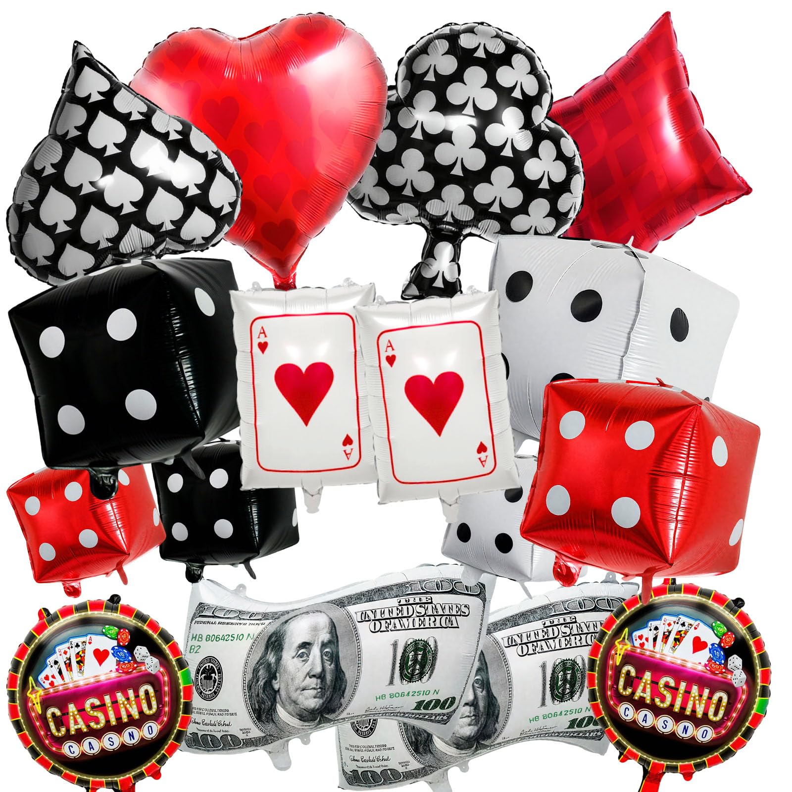 Photo 1 of 16 Pcs Casino Balloon Set, Jumbo Dice Balloon, Poker Card Balloons Heart, Diamond, Spade, Club, Dollar Sign Ballons, Game Night Ballons for Texas Poker Parties Decor, Las Vegas Themed Party Supplies