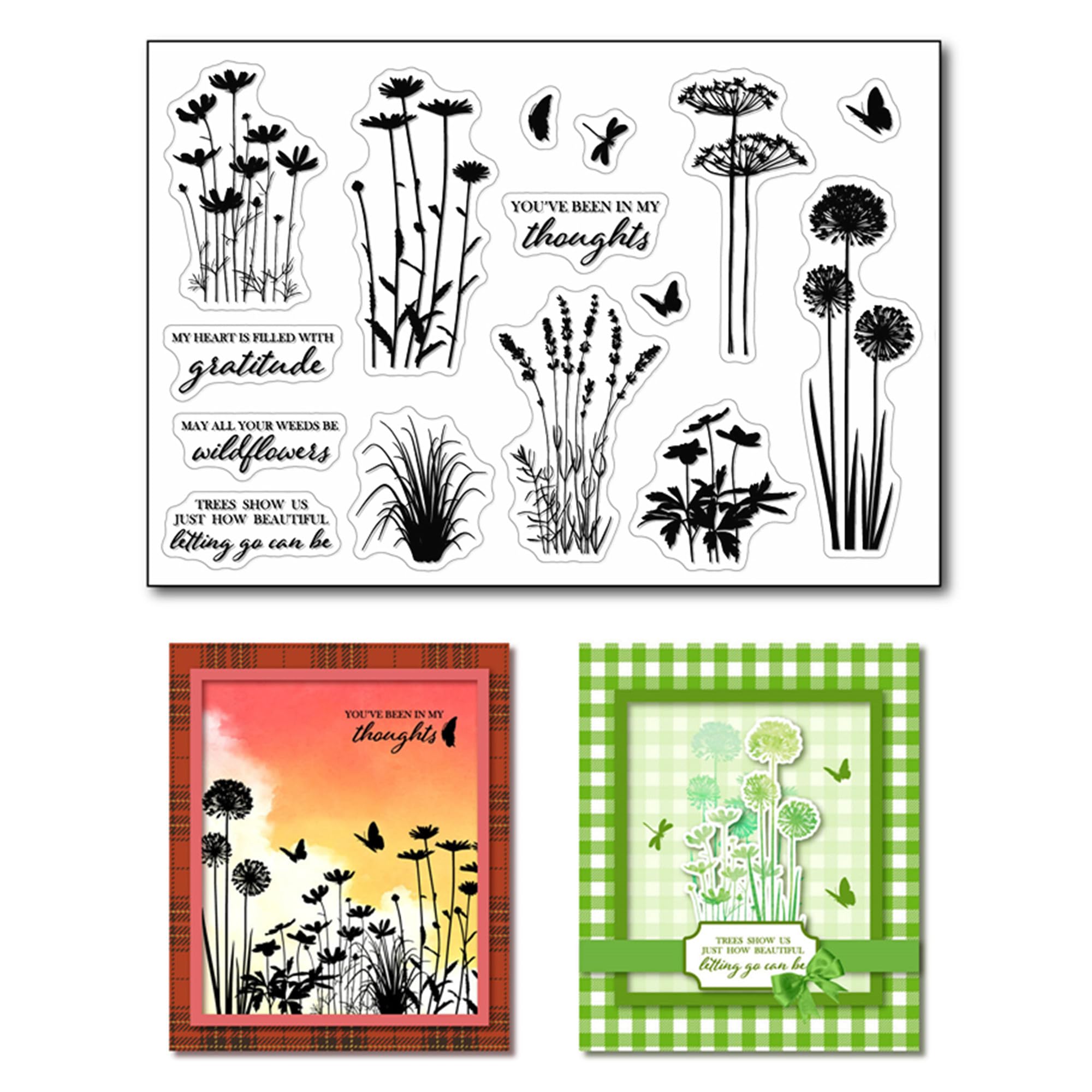 arriettycraft Silhouette Wildflowers Clear Stamps for Card Making or Journaling, Silhouette Dandelion Daisy Lavender Rubber Stamps Grass Silicone Stamps for Scrapbooking Paper Crafts Decoration