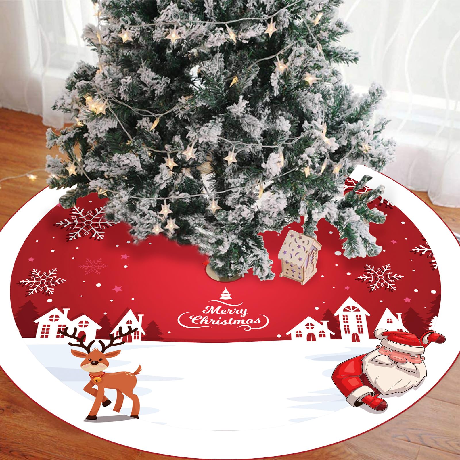 Christmas Tree Skirt, 48 Inch Large Red White Santa Claus & Snow World Tree Skirt Cover, Polyester Round Xmas Tree Mat for Christmas Party Winter Holiday New Year Decoration Indoor Outdoor