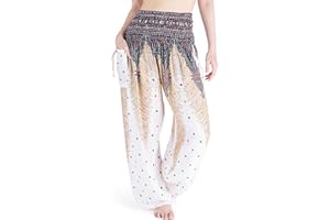 Lannaclothesdesign Women's Smocked Waist Peacock Print Harem Pants Hippie Bohemian Style