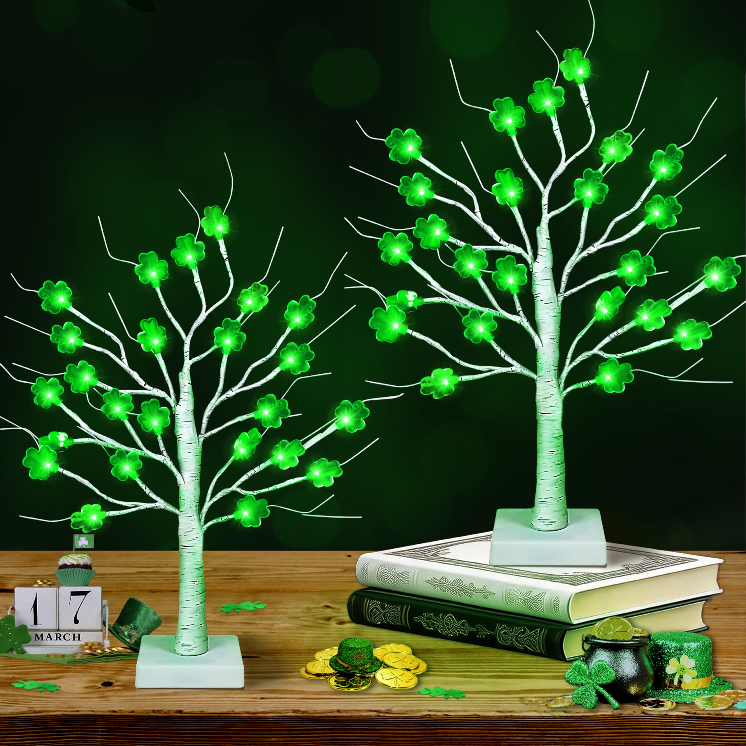 Photo 1 of [Timer] 2 Pack St. Patrick's Day Decorations Indoor, 24 Inch St. Patrick's Day Tree with 24 Shamrock Green Lights, USB & Battery Operated Birch Tree St Patricks Day Table Decorations Indoor Home Party