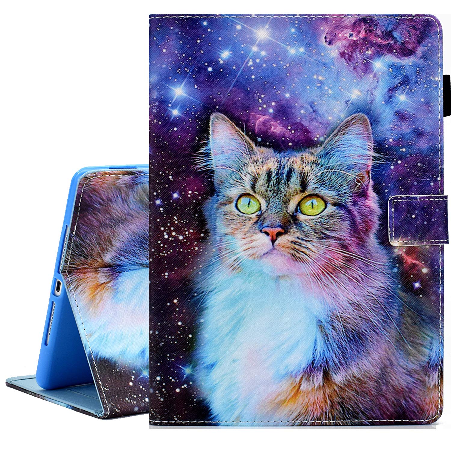 KEROM Case for iPad 6th/5th Generation iPad 9.7 Inch Case 2018/2017, PU Leather Stand Folio Cover Case for iPad 9.7 inch/iPad Air 2/Air 1, with Auto Sleep/Wake, Pen Loop Holder, Card Slots - Space Cat