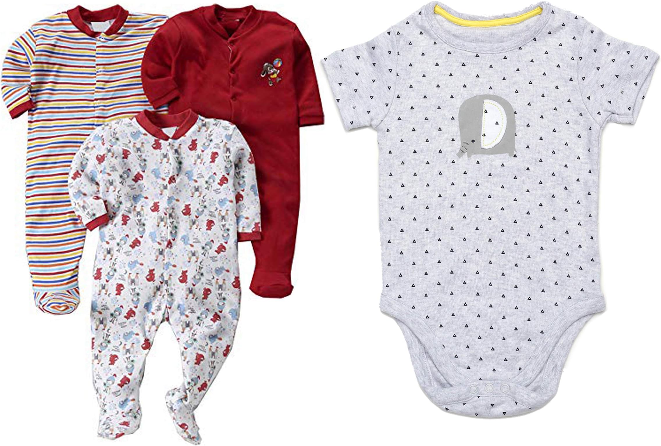 New Born Baby Multi-Color Long Sleeve Cotton Sleep Suit Pack of 3 Plus One Bodysuit Onesie Free.