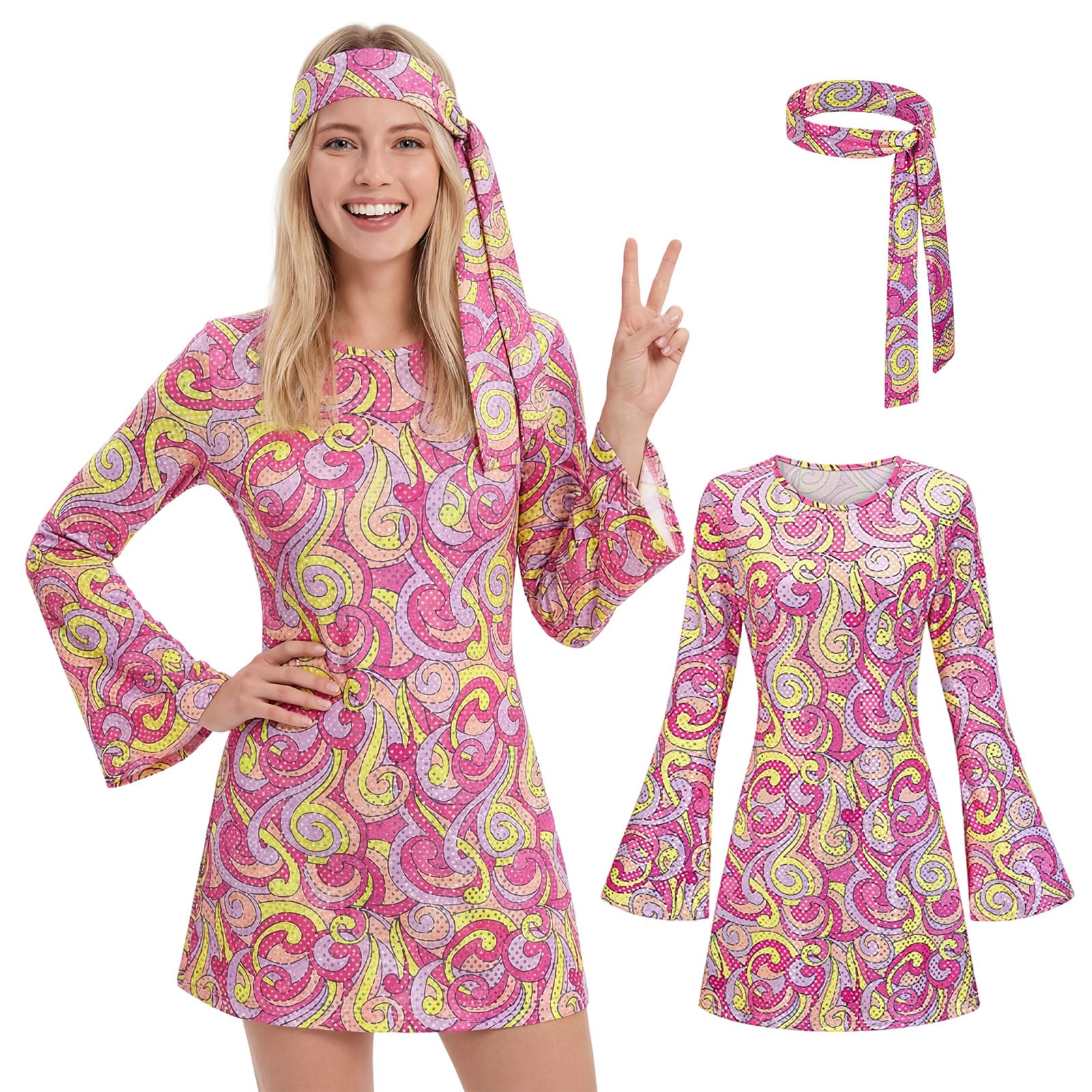 Aleshime Womens 1970's Disco Fancy Dress Costume, 70s Outfits for Women, 70s Retro Hippie Dress with Headband for Hen Party, Music Festival & Theme Party β image 1