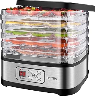 Dörrautomat, OSTBA Dörrgerät mit Temperaturregler, Dörrapparat mit 5 Einlegefächer, 240W, 35-70 Celsius, Dehydrator, Lebensmittel Fleisch Gemüse Obst Trockner, 72Std Timer, BPA frei