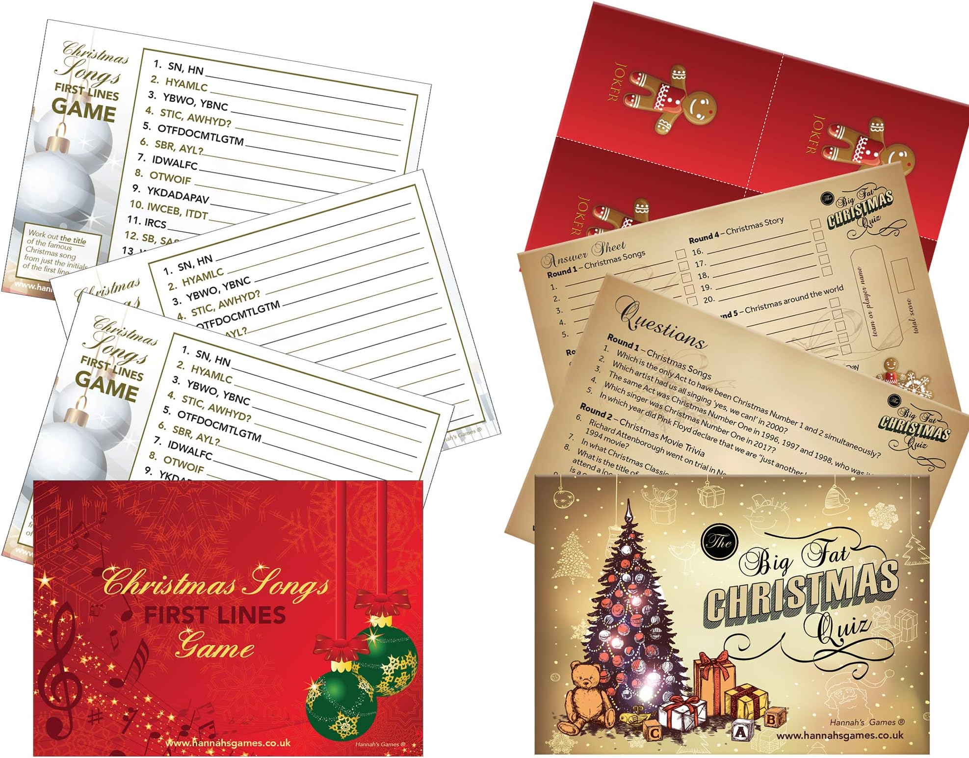 QUIZMAS Christmas Games Trivia **SAVER PACK** Xmas Songs First Letters Game & Christmas Quiz Cards Pub Style - Postcard Size Question Card - Teams Individual Families Adults Secret Santa - Cello Bag