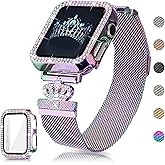 Youthrun Magnetic Band Compatible with Apple Watch 38mm 40mm 41mm 42mm 44mm 45mm 46mm Stainless Steel Metal Strap with Bling Case and Built-in Screen Protector, Dressy Milanese Loop iWatch Bands for Women