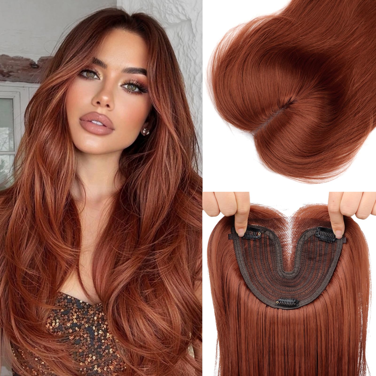 Photo 1 of Isaic 24 Inch Synthetic Hair Toppers for Women with Thinning Hair, Clip In Crown Topper Hair Extensions with Adjustable Bandage, Layered Wiglet for Natural Coverage (Copper)