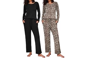 Ekouaer 2 Pack Women's Pajama Set Long Sleeve Top with Jogger Pants Lounge Sets Sleepwear Loungewear with Pockets