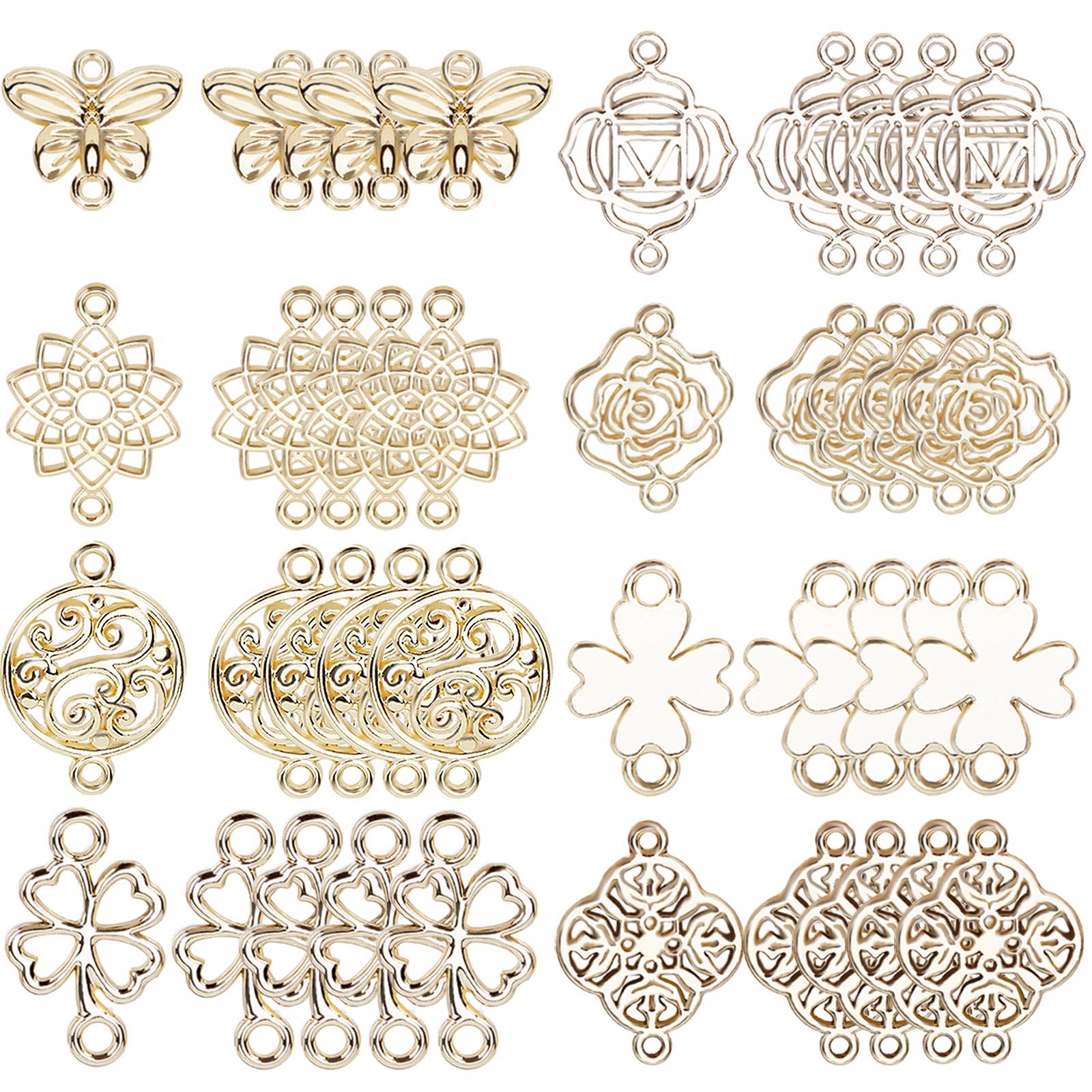 SUNNYCLUE 1 Box 48Pcs Connector Charms Gold Flower Linking Charms Chakra Yoga Energy Charm Butterfly Four Leaf Clover Links Connectors Charm Alloy Charms for jewellery Making Charm DIY Earrings