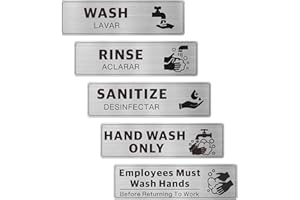 ELITESIGN 5PK Wash Rinse Sanitize Sink Labels, Hand Wash Only & Employees Must Wash Hands Signs, Bilingual Brushed Aluminum, Waterproof Peel and Stick for Commercial Kitchens Food Trucks, 7x2 Frame Styles