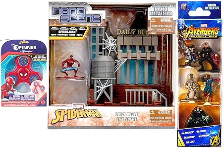 Amazon インフィニティスパイダーミニフィギュア メタルアベンジャーズ デイリービューグルシーン スパイダーマン マーベルウォー 5個パック ナノキャラクター ロケット グルート ソー ロキ ビジョン3アイテム おもちゃ おもちゃ