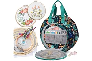 FINPAC Embroidery Project Bag, Embroidery Supplies Storage Carrying Tote Case with Multiple Pockets for Floss, Hoops, Thread, Stitch Tools Kit [Bag Only], Navy Bloom