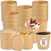 Worldity 50 Pack 16 oz Disposable Soup Containers with Lids, Kraft Paper Food Soup Cups, Leak Proof Take Out Containers with 