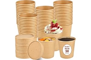 Worldity 50 Pack 16 oz Disposable Soup Containers with Lids, Kraft Paper Food Soup Cups, Leak Proof Take Out Containers with 