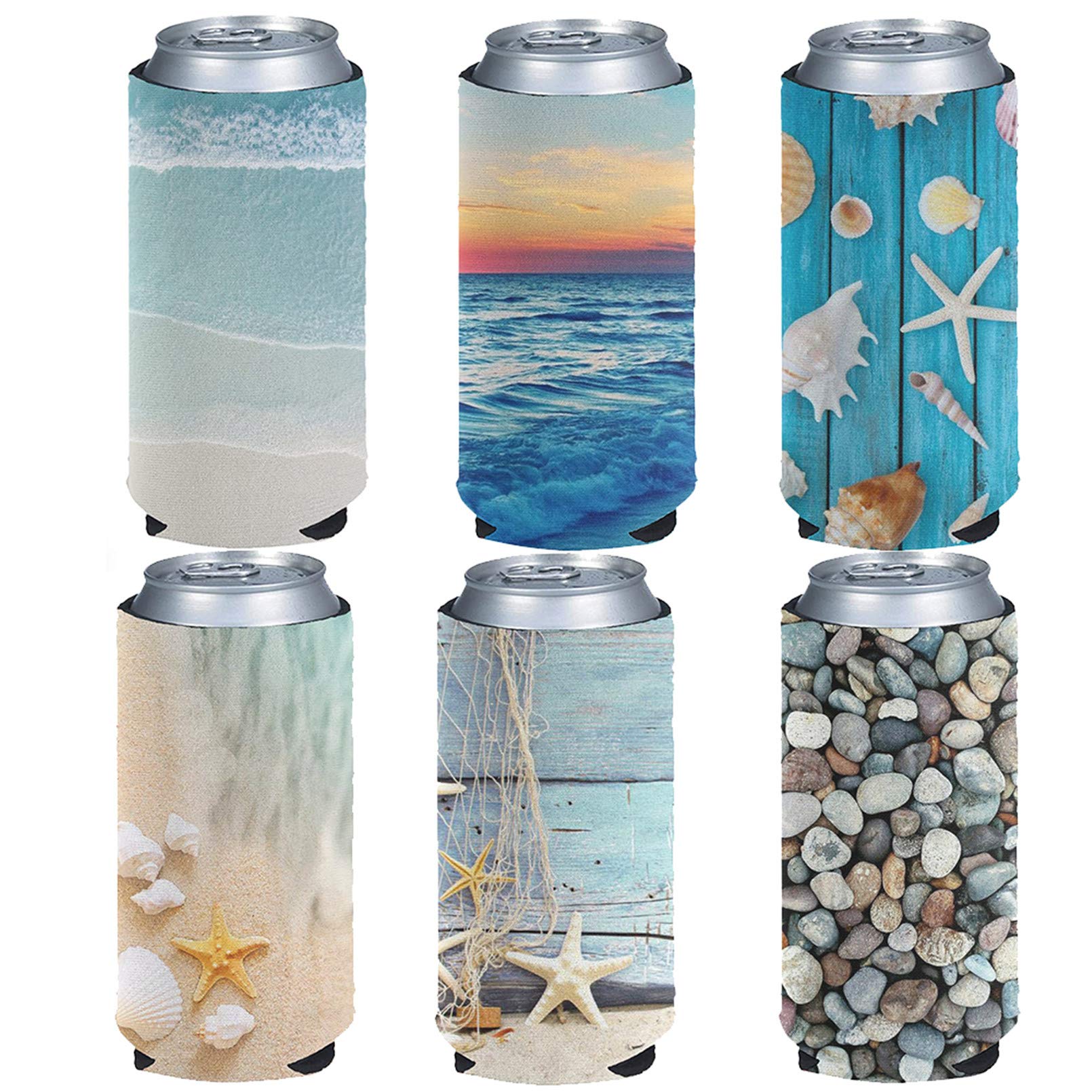 Pizding Dreamy Sea Beach Shell Print Standard Beer Cans Sleeves Set of 6 Pieces Insulators Can Beverage Bottle Coolers Bags 12oz Beer,Iced Coffee,Energy Drink Protector for BBQs Camping Family Picnic