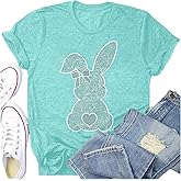 Potia Easter Shirts for Women Happy Easter Day Bunny T-Shirt Plaid Cute Bow Love Rabbit Egg Tee Tops