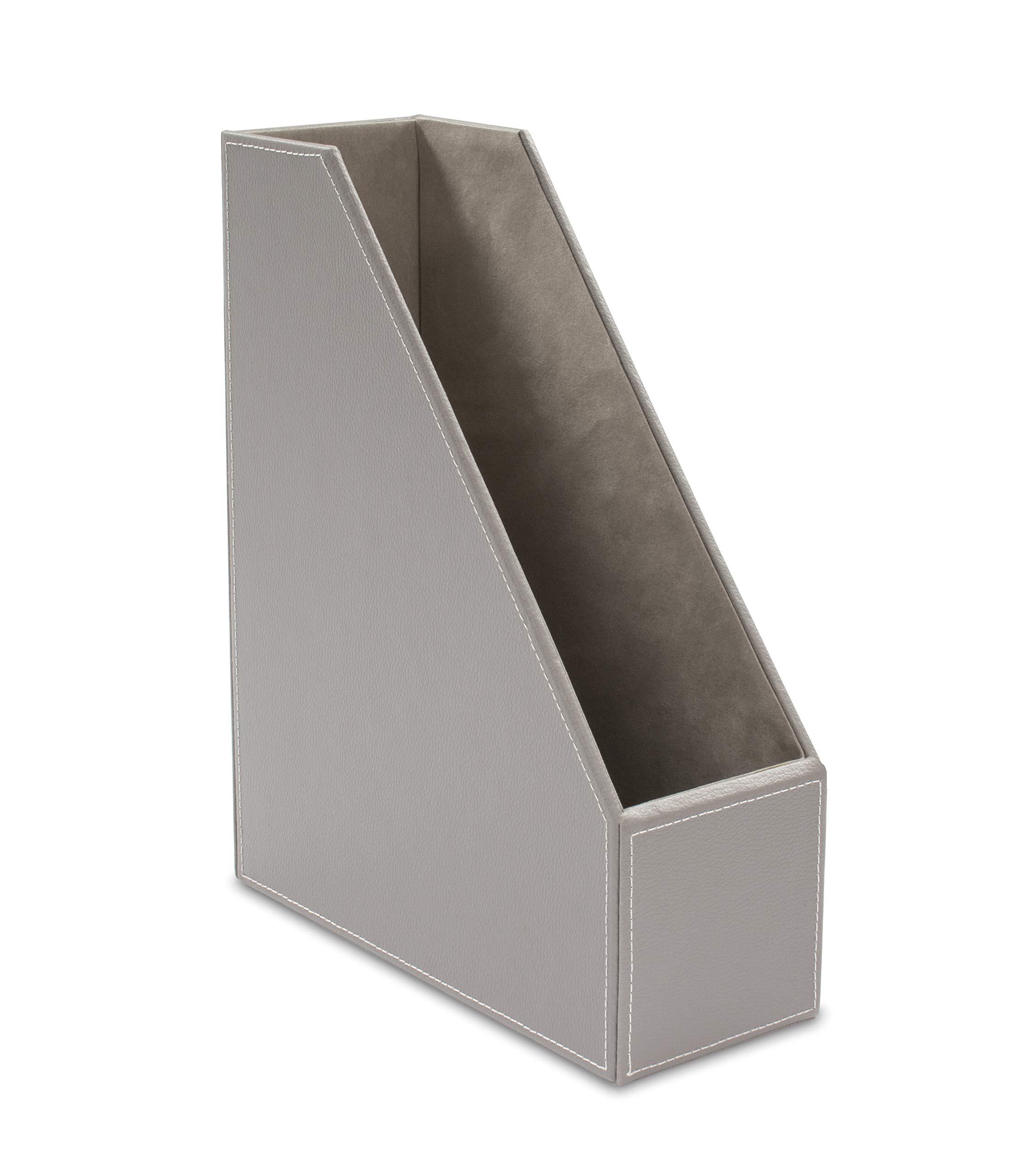Osco Faux Leather Magazine File Holder, A4 Standing File Box & Shelf Organiser for Documents, Brochures & Catalogues Storage with Felt Base, Magazine Rack for Home Office, Grey