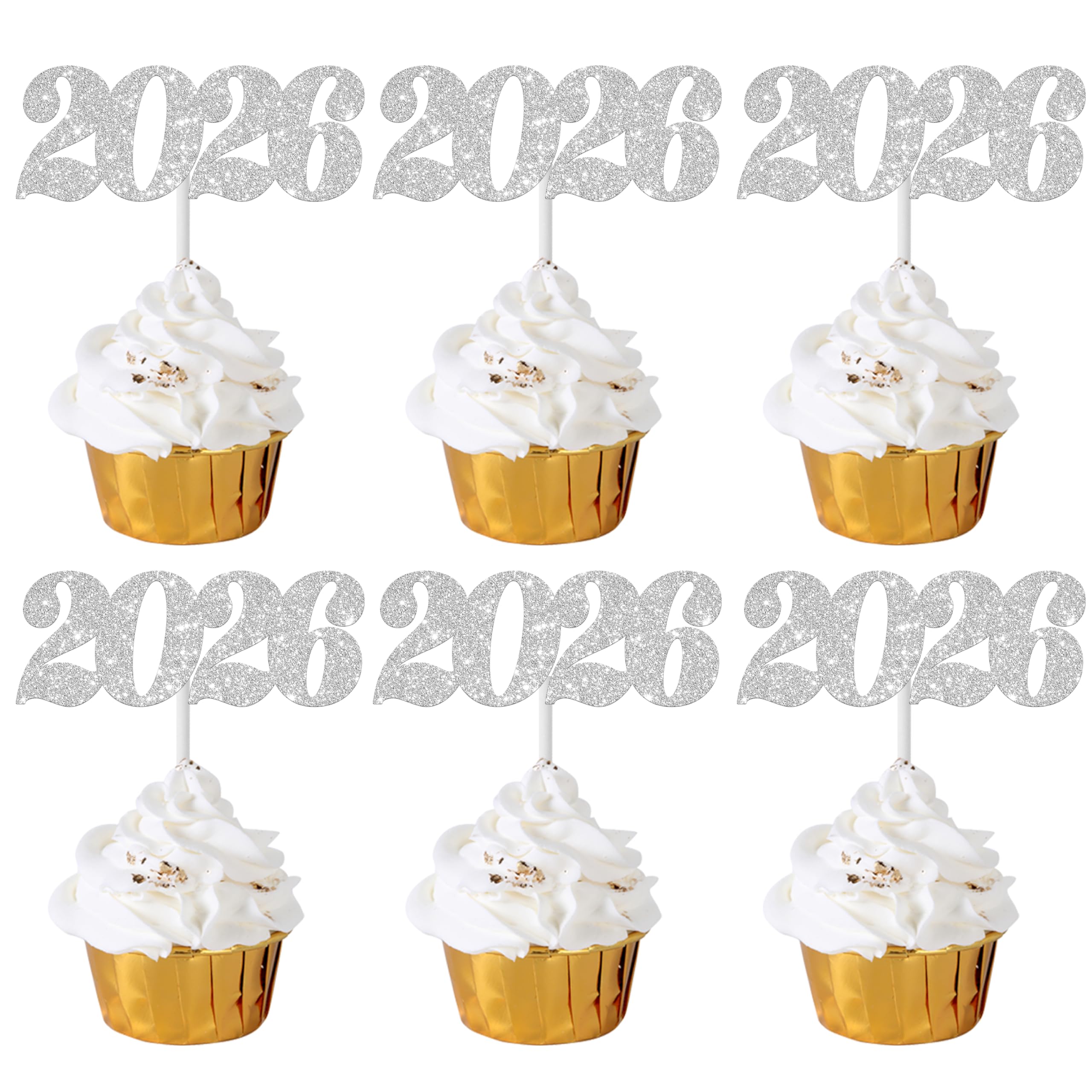 Photo 1 of 2026 Hapyy New Years Cupcake Toppers Decorations 24pcs Silver Glitter Number 2026 New Year Cupcake Toppers for Hello 2026 New Year Eve Party Graduation Wedding Party Supplies