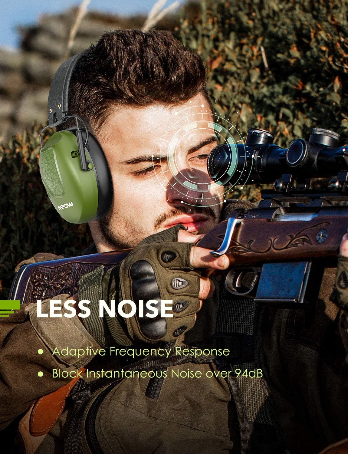 Mpow Shooting Ear Protection, Professional Electronic Earmuffs with Listening Mode, 22dB NRR Ear muffs with Adjustable Headband, Noise Cancelling headphones for Shooting, Hunting, Construction, Mowing - - 