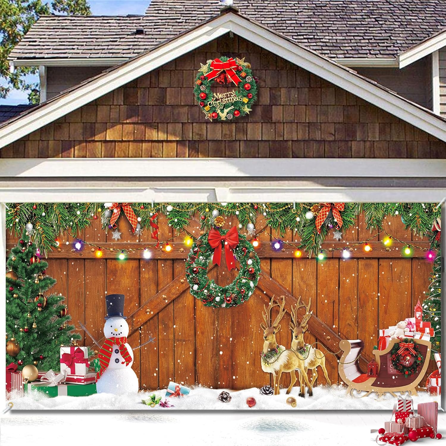 Garage Door Decorations - Christmas Garage Door Banner 16 x 7 ft, Large Christmas Garage Decoration Holiday Door Cover Christmas Outdoor Banner Winter Snow Reindeer Backdrop Background for Photo Christmas Party Outdoor Banner