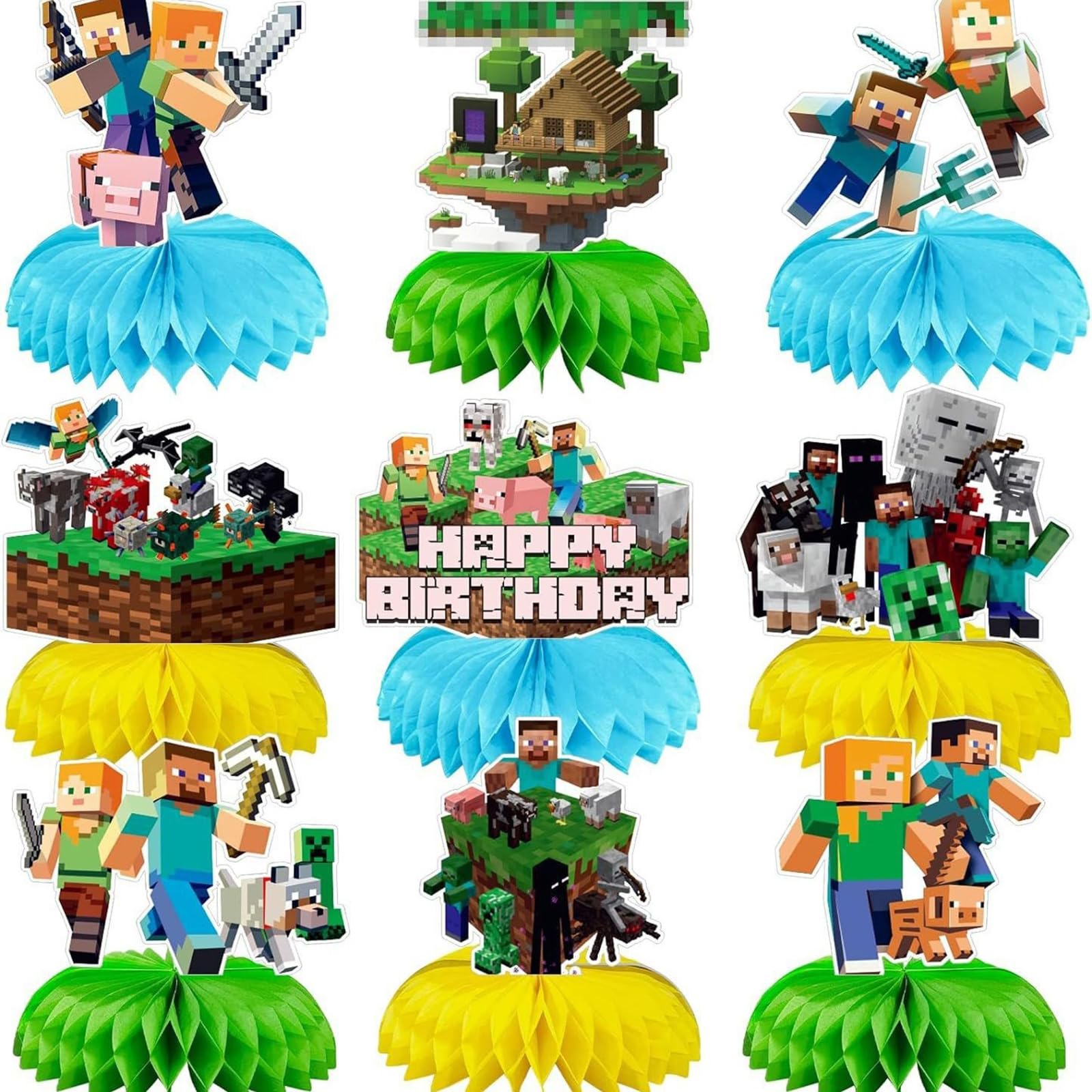 9 Pcs Birthday Party Decorations, Cartoon Double Sided Honeycomb Centerpieces, 3D Table Decorations Party Supplies (Green)