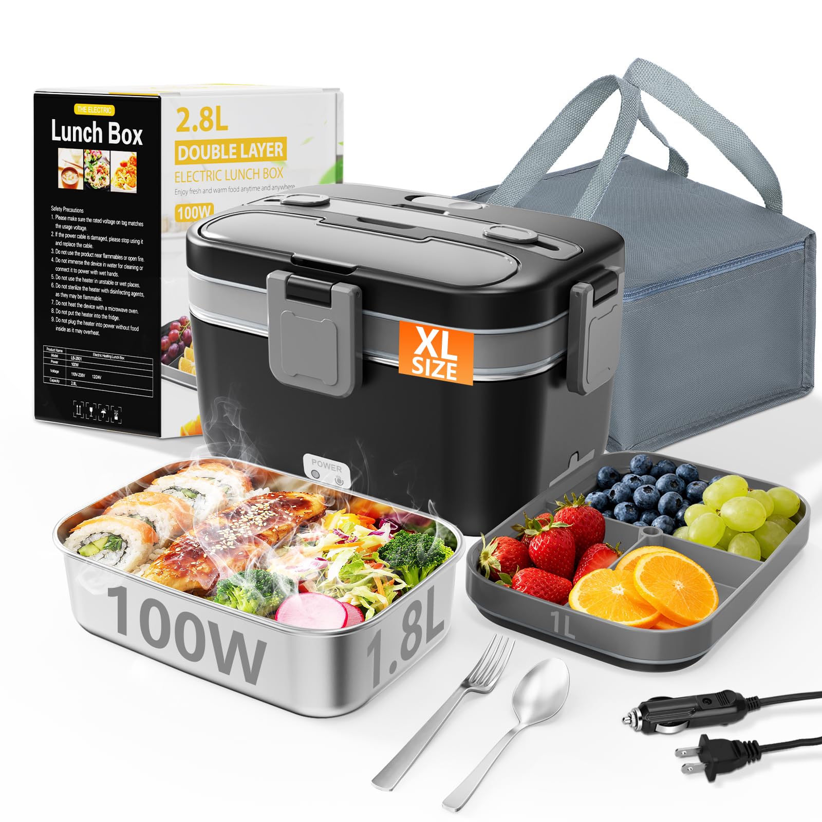 Photo 1 of Electric Lunch Box for Adults, 2.8L Double Layer 100W Fast Heated Lunch Box, Heating Food Heater Warmer for Home Office Car Truck Use, Extra Large Lonchera Electrica Portátil 12/24V/110-230V, Black