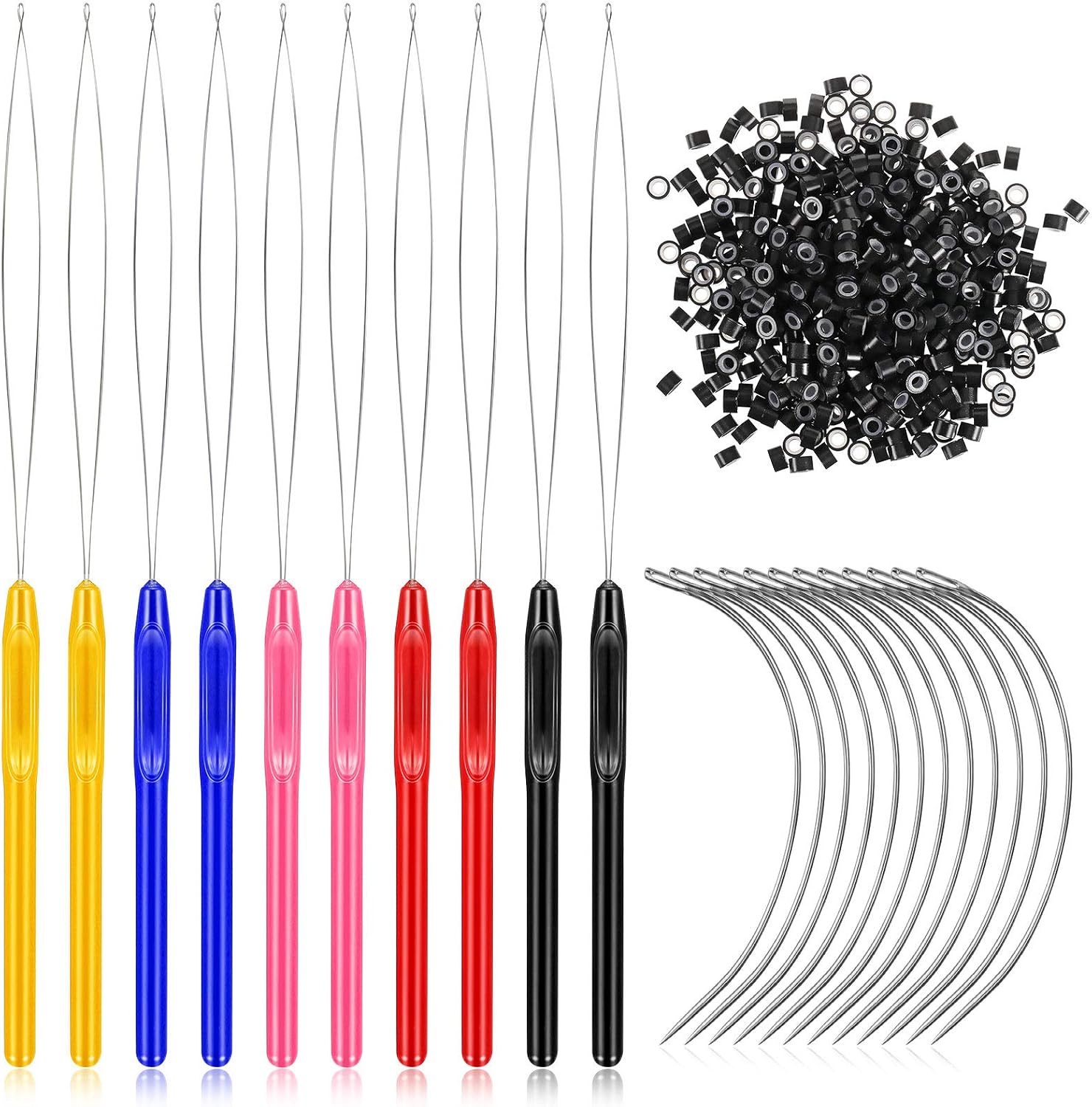 522 Pieces Hair Extension Kit, 10 Loop Threader Needle and 12 C Type Weaving Needle Tool Kits with 500 Silicone Lined Micro Link Rings Bead Device Tool Kits for Hair Styling Tools Accessory
