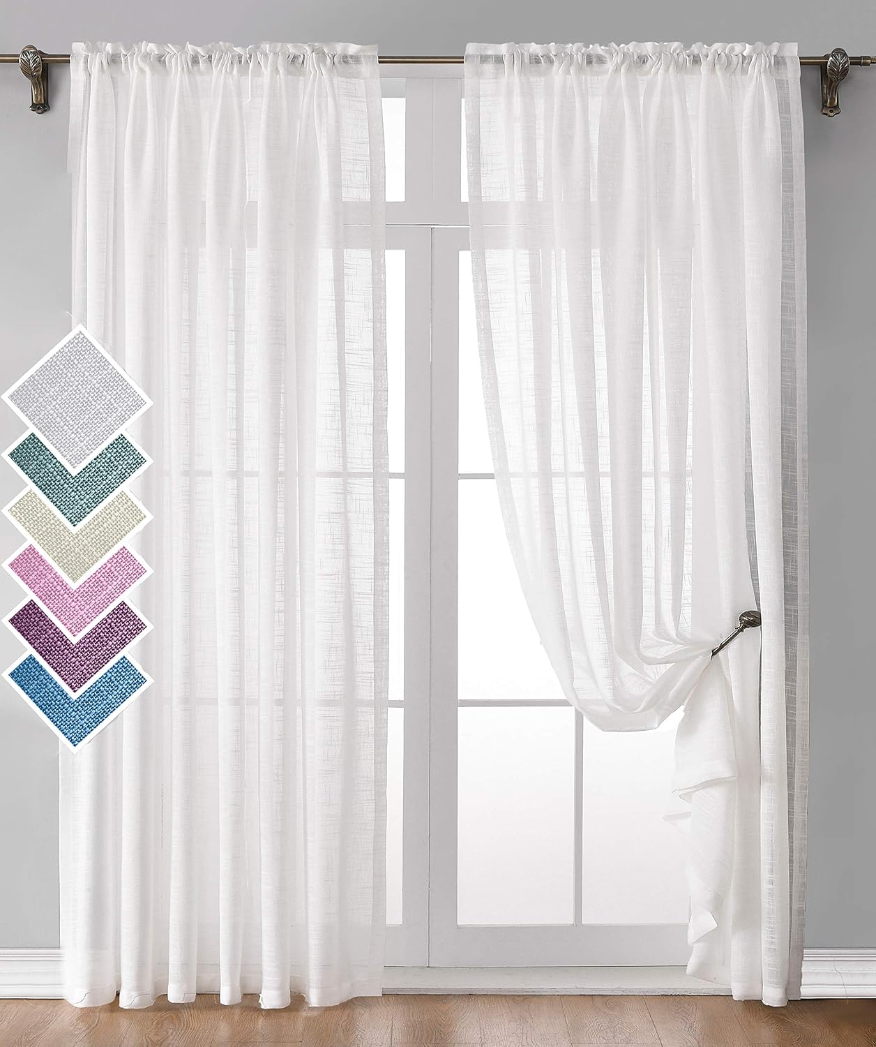 White Sheer Window Curtains 2 Panels Classic Linen Voile Drapes Semi-Curtain Living Dining Room Bedroom (White, W52 X L96)
