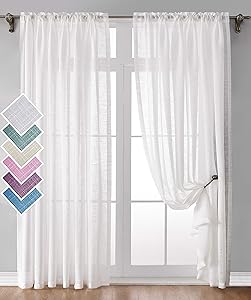 White Sheer Window Curtains 2 Panels Classic Linen Voile Drapes Semi-Curtain Living Dining Room Bedroom (White, W52 X L96)
