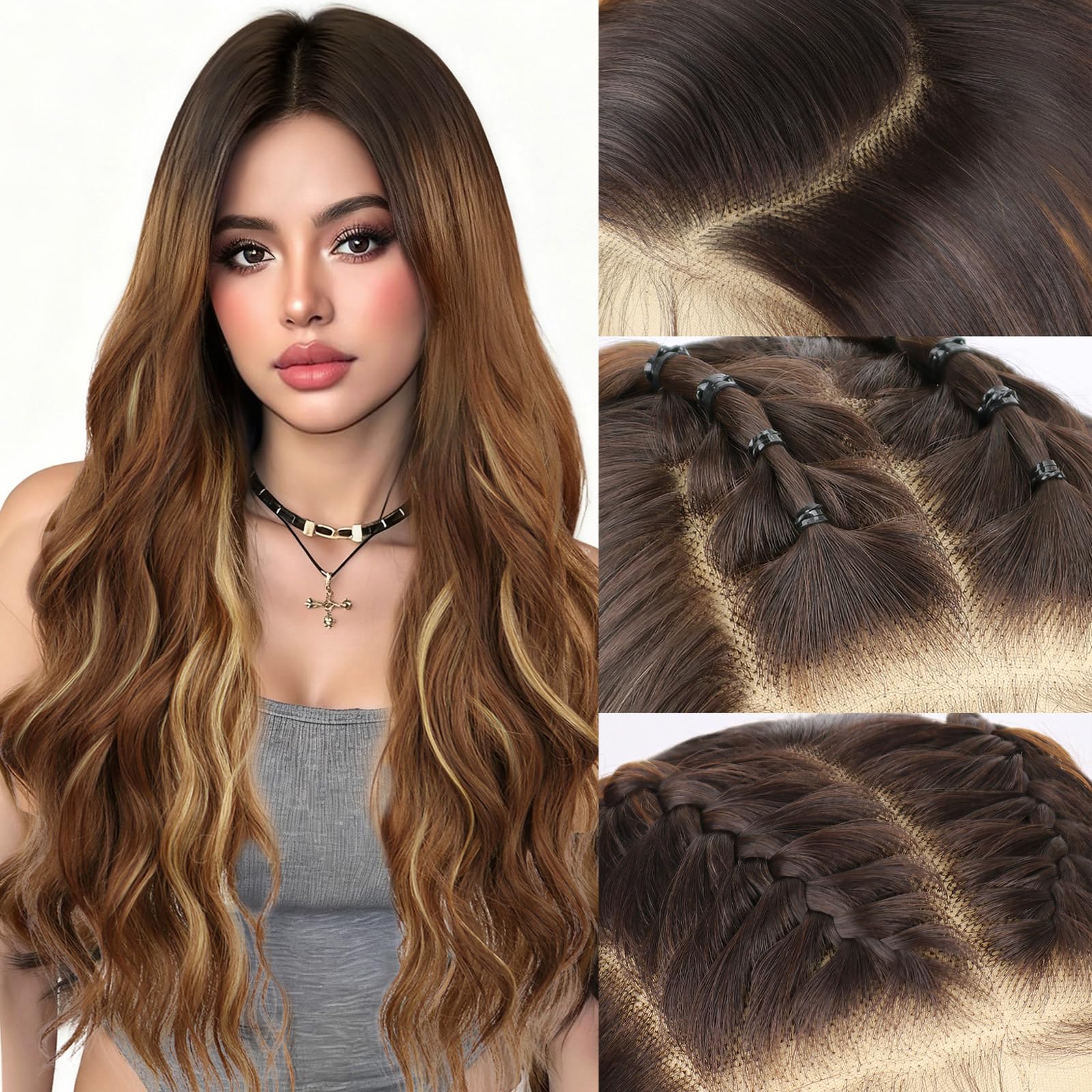 Photo 1 of SUKRI Reddish Brown Lace Front Wig with Black Roots 26Inch Long Wavy Wigs with Highlights Synthetic Lace Front Wigs with Baby Hair Pre-plucked Wigs for Women Daily Party Use(Brown&Copper)