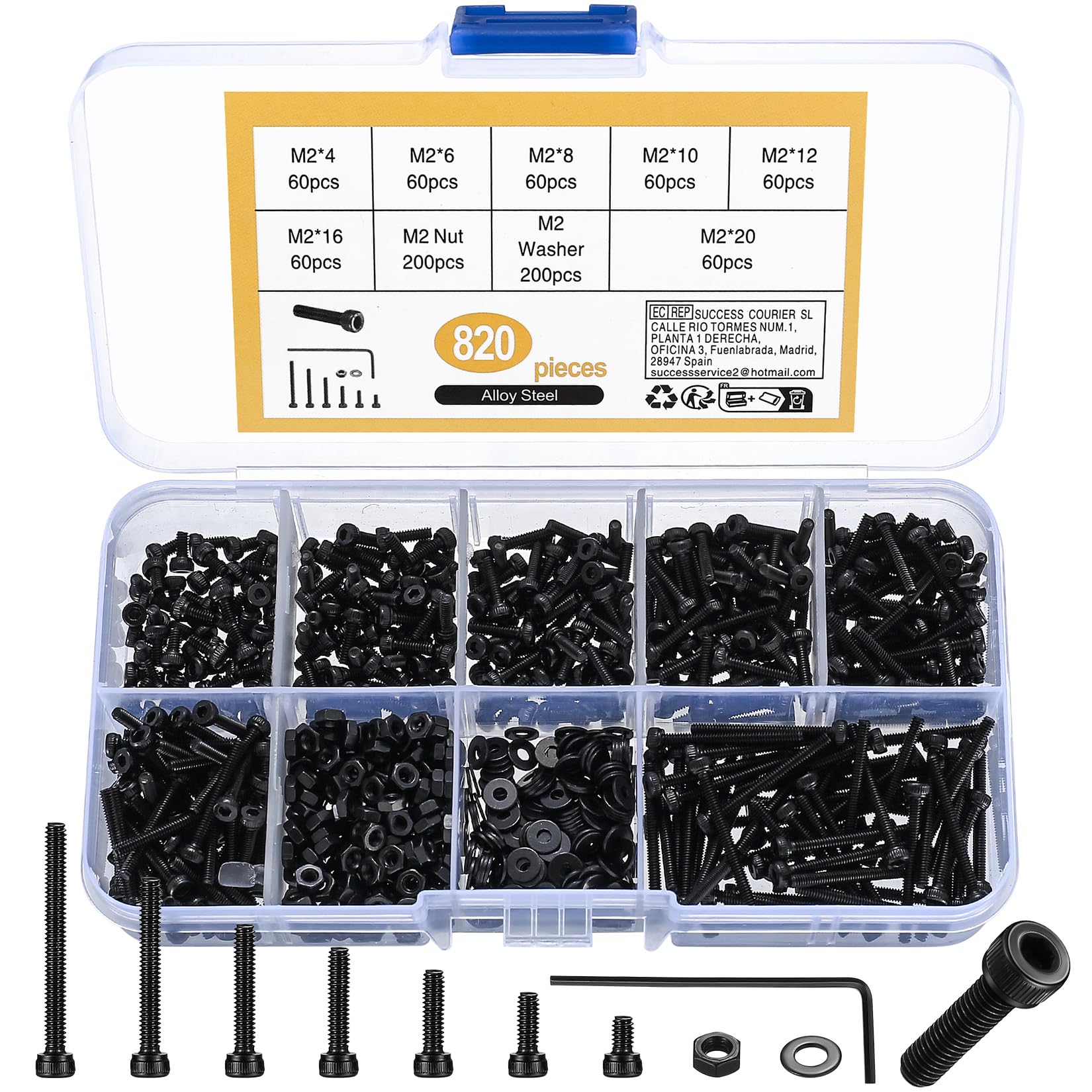 Premium 820-Piece M2 Hex Socket Screw Kit - 12.9 Carbon Steel Machine Screws, Nuts, Washers with Wrenches (Black) - Ideal for Home Repairs, DIY, and Professional Use"
