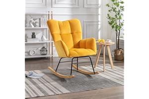 Affmitime Nursery Rocking Chair Indoor, Teddy Fabric Nursing Chair for Mom and Baby, Modern Upholstered Rocker Glider Chair with High Backrest for Bedroom Office Living Room (Yellow)