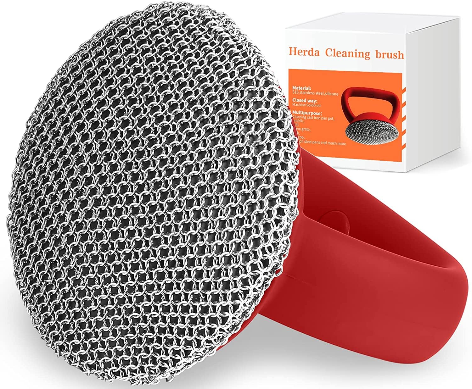 Cast Iron Cleaner Scrubber with Heavy Duty Handle, 3mm Welded Chain Mail Scrubber for Pan Pot Grill- Small Ring Chainmail Grill Scrubber Metal Scrub Sponge Skillet, Oven, Griddle, Wok Cleaning Brush
