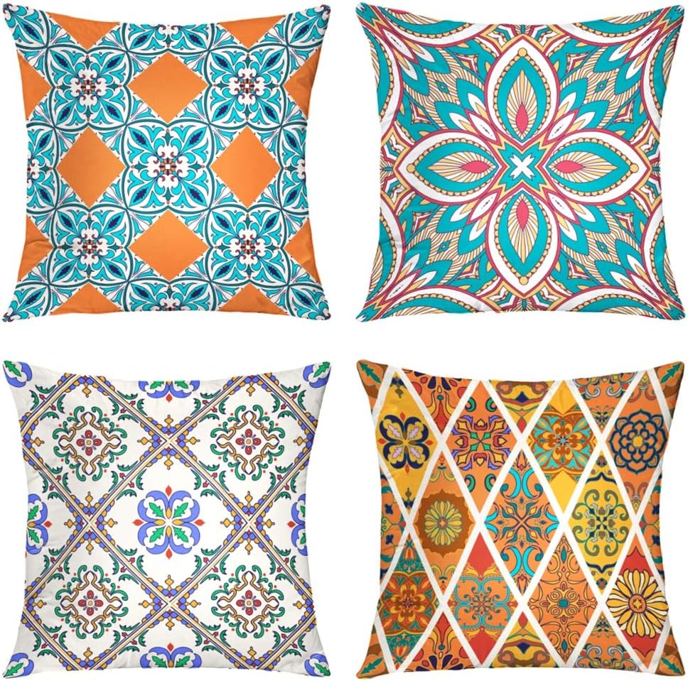Suesoso Boho Pillowcover 18" x 18" Set of 4 Vintage Mandala Flower Throw Pillows Couch Pillows Farmhouse Pillow Covers Moroccan Mandala Arabesque Bohemian Cushion Covers Home Decor Bedroom Bed Sofa