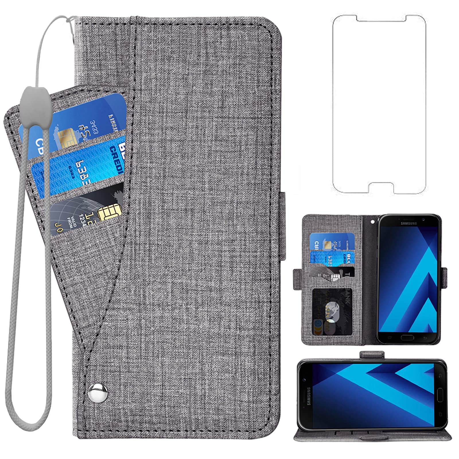 Asuwish Compatible with Samsung Galaxy A5 2017 Wallet Case Tempered Glass Screen Protector and Leather Flip Cover Card Holder Cell Accessories Phone Cases for Glaxay 5A Gaxaly SM-A520W Women Men Black