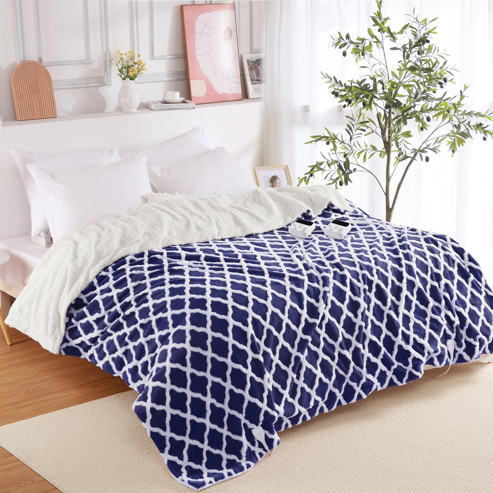 Photo 1 of CAROMIO Heated Blanket Queen Dual Control, Electric Blanket Sherpa Tufted with 6 Heating Levels, 20 Time Models and UL Certification, Soft Thicken Heating Throw Blankets for Adults, Navy, 84"× 90"
