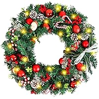 Ninonly 24 Inch Pre-Lit Christmas Wreath with 30LED Light, Battery Operated Artificial Christmas Wreath with Pinecones Red Be