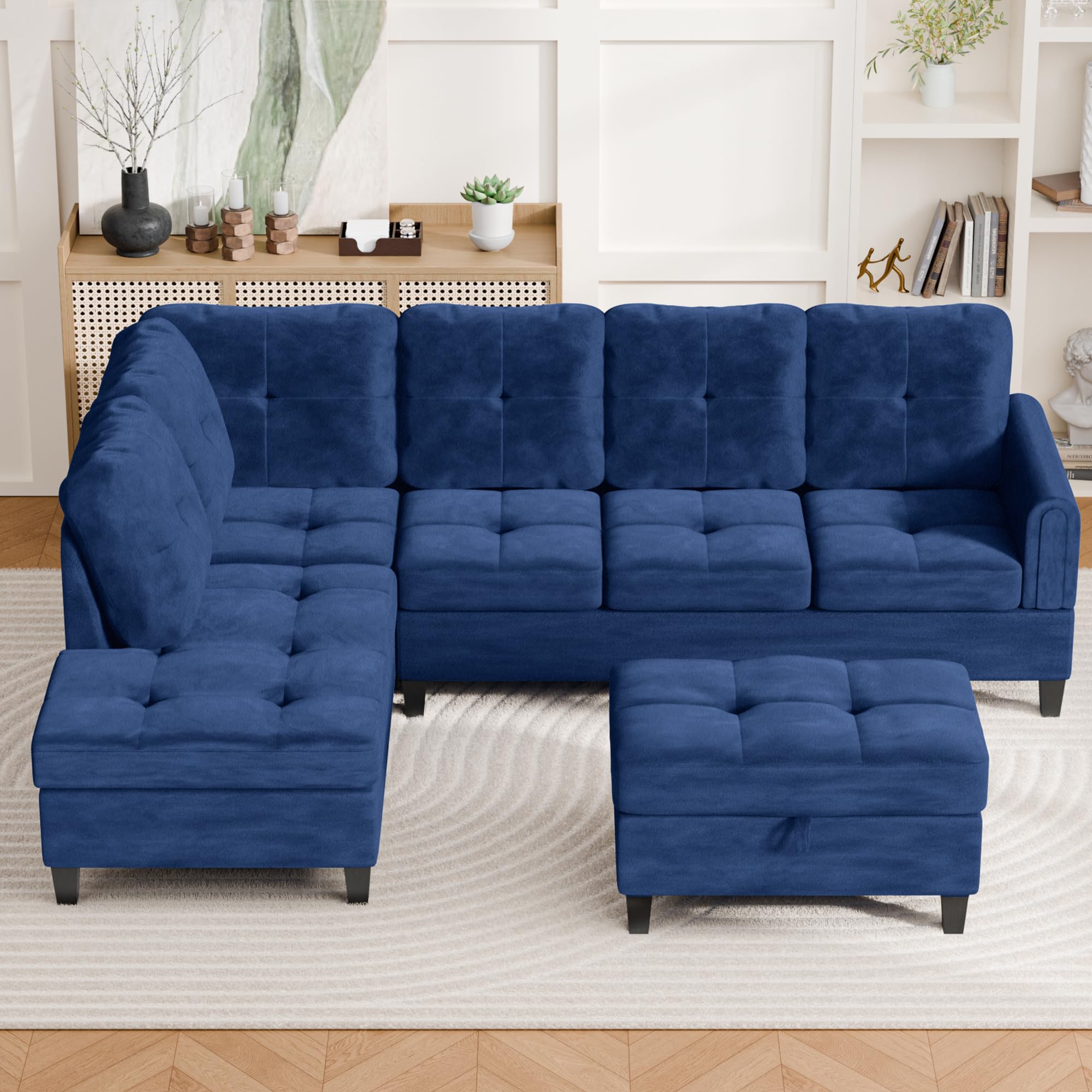 Trygoal L-Shaped Sectional Sofa with Movable Chaise & Storage Ottoman, Lounge 3-Piece Modular Convertible Couches for Living Room, Apartment & Office, Blue