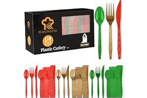 Kochorie 360 Pieces Christmas Plastic Cutlery Set Disposable Plastic Utensils Heavy Duty Flatware Set Includes Red Green Gold 120 Knives 120 Forks 120 Spoons for Christmas Party Wedding Birthday