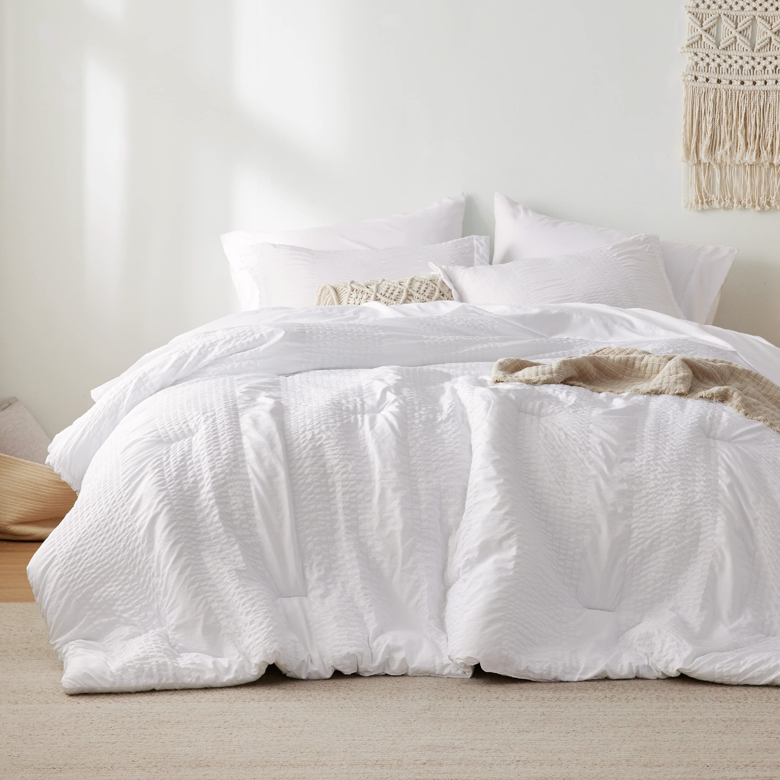 Photo 1 of Bedsure King Comforter Set - 7 Pieces Striped Seersucker Jacquard Comforter Bedding Set, Bed in a Bag with Comforter, Flat Sheet, Fitted Sheet, Pillowcases & Shams, White