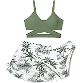Girls Swimsuits 3 Piece Bathing Suit Allover Printed Criss Cross Bikini Set with Cover Up Skirt Beach Swimwear 7-16 Years