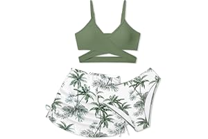 AGAPENG Girls Swimsuits 3 Piece Bathing Suit Allover Printed Criss Cross Bikini Set with Cover Up Skirt Beach Swimwear 7-16 Years