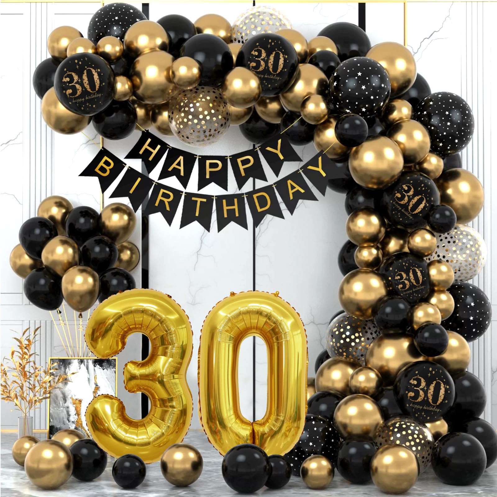 Photo 1 of **MISSING PARTS - Missing the balloons**
30th Birthday Decorations for Him - Easy-Prep Party Decor Balloon Arch Kit - Vintage Tasteful - Black/Gold Tone Dday Set with Happy Birthday Banner, 40 inch Number 30 Foil Balloon
