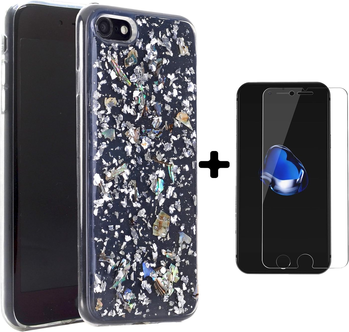 iPhone 7 Case, Luxury Bling Sparkle Crystal Mother of Pearl Foil Embedded Slim Flexible TPU Cell Phone Protective Cover for Apple iPhone 7 4.7 Inch