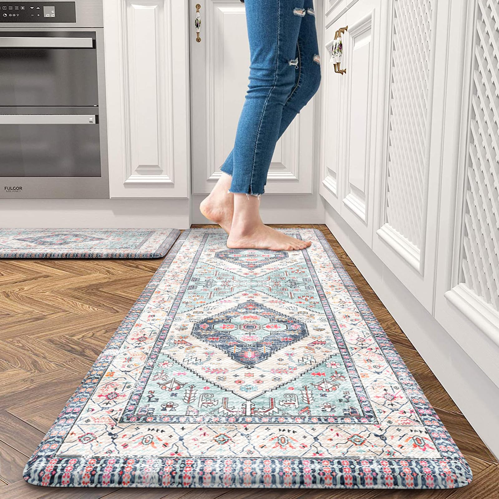 Photo 1 of Sungea Farmhouse Kitchen Mat 2 PCS, Cushioned Anti Fatigue Kitchen Rug, Non-Slip Waterproof Standing Mat PVC Farmhouse Comfort Foam Rug for Kitchen Sink,Hmoe,Office,Laundry(Blue)