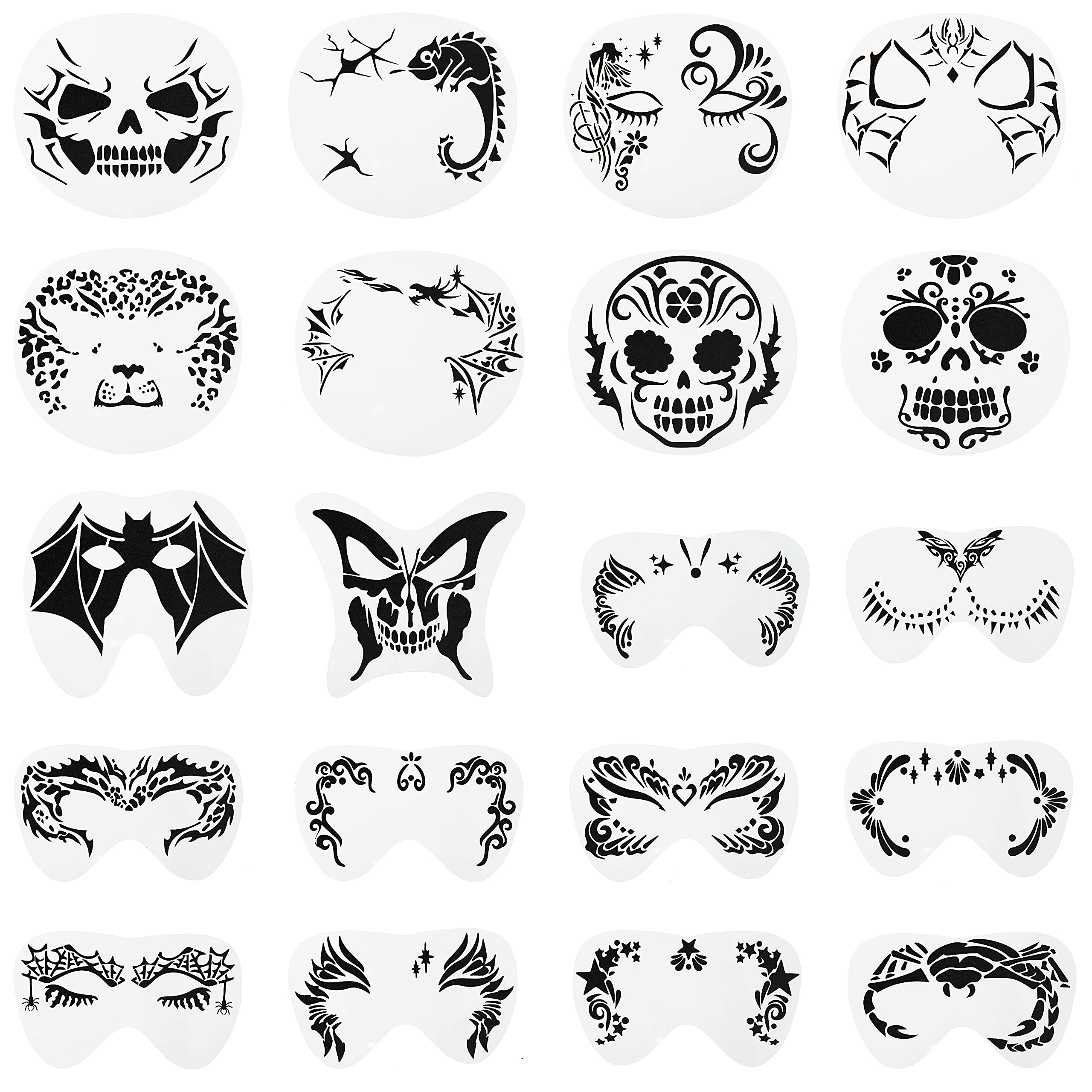 Photo 1 of GROBRO7 20 Pcs Halloween Face Painting Stencils Set Skull Bat Face Paint Template Reusable Holiday Masquerade Facial Makeup Kit Butterfly Spider Tattoo Stencil for Kids Adult Party Supplies